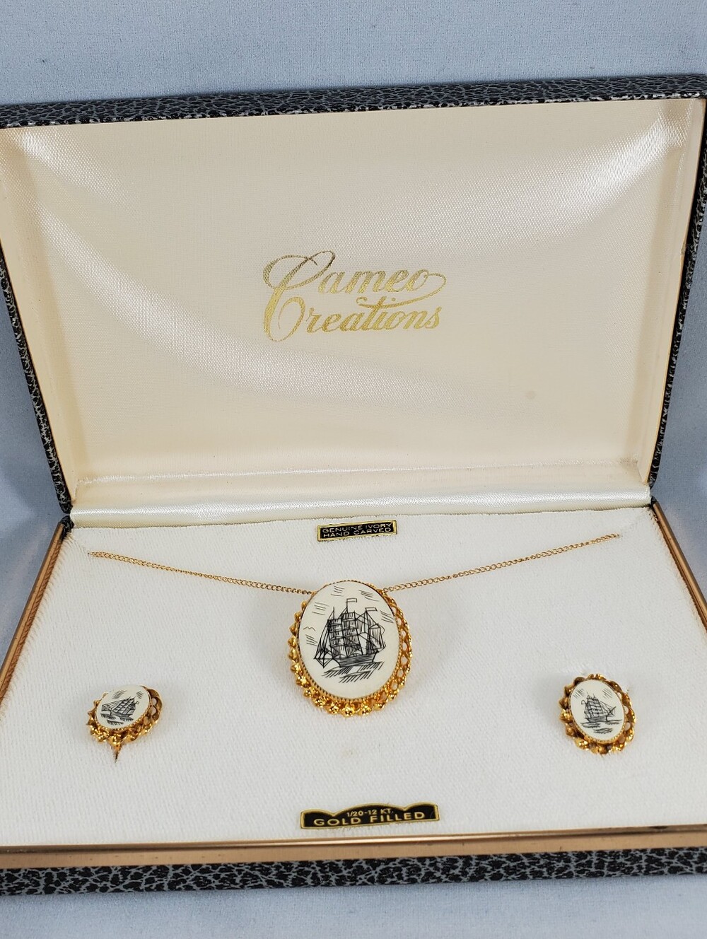 Cameo Creations genuine ivory hand carved pendant necklace and earrings set